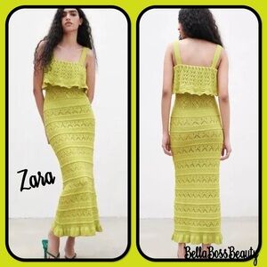 🙌 Zara Fitted Openwork Knitted Long Lime Green Dress Maxi NWT size Large SALE!!